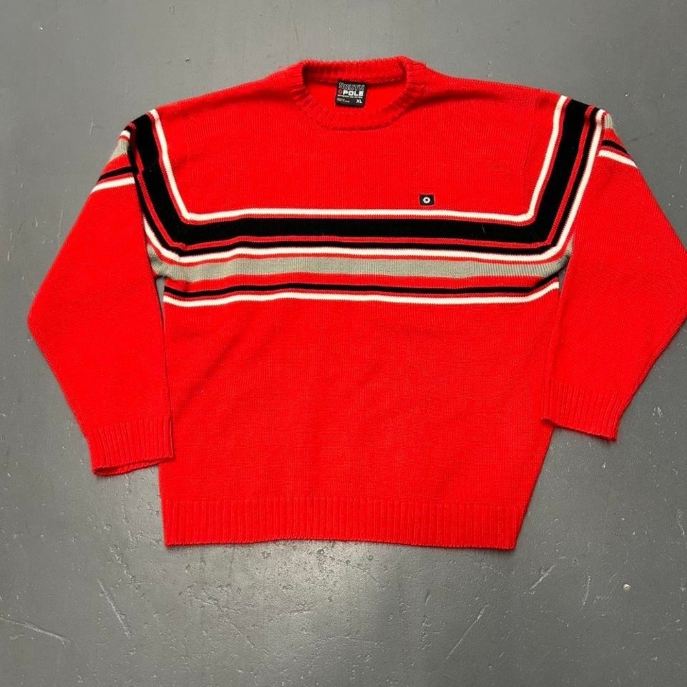 Vintage y2k men's southpole red and black/grey striped cozy thick knit sweater